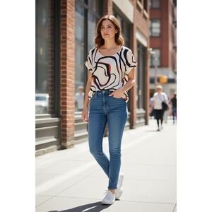 Nine West Top Blouse L White Black Orange Abstract Swirl Cap Sleeve Modern NWT